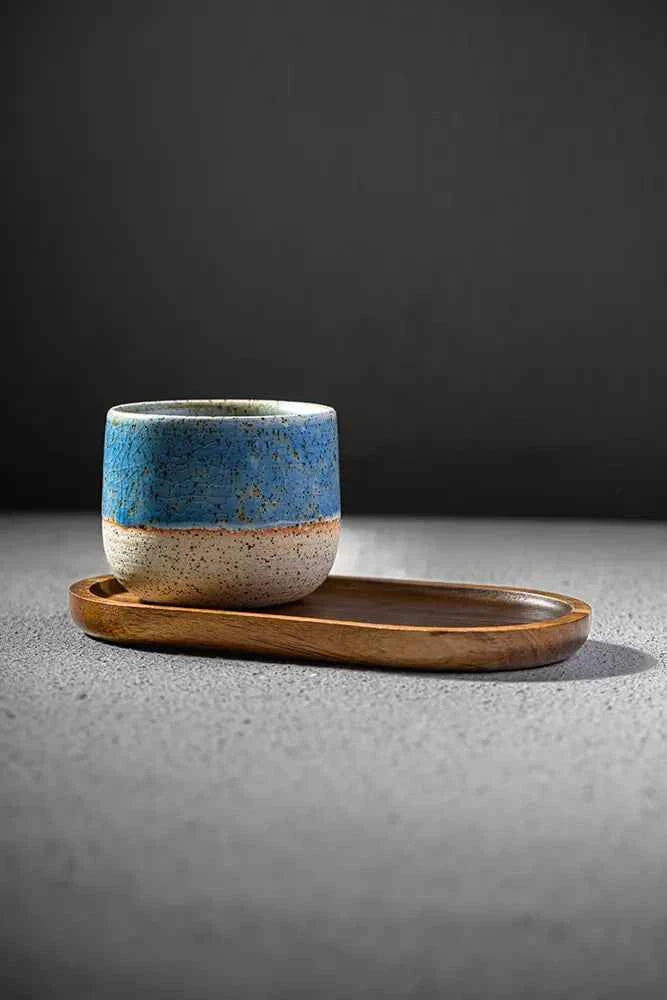 Timecore walnut espresso tray with a blue flat white cup