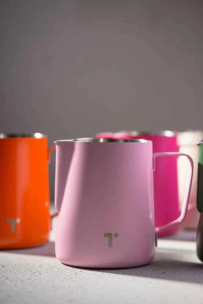 Timecore precision milk pitchers - Powder Rose and Tangerine Steel