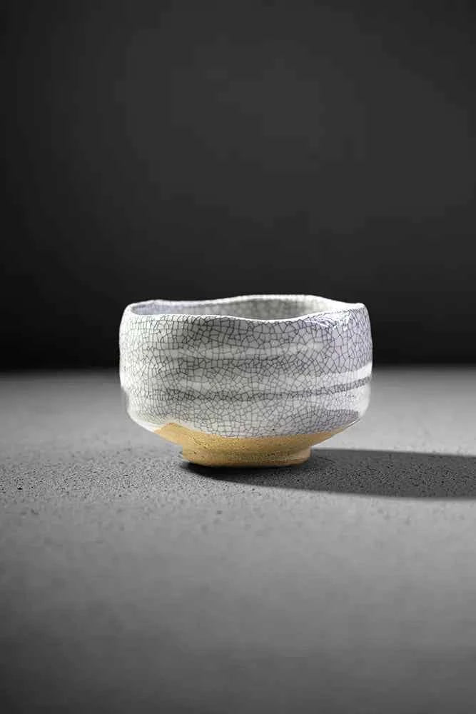Tsuchi Series Hakuyō matcha bowl - cracked dawn glaze, handmade in Japan