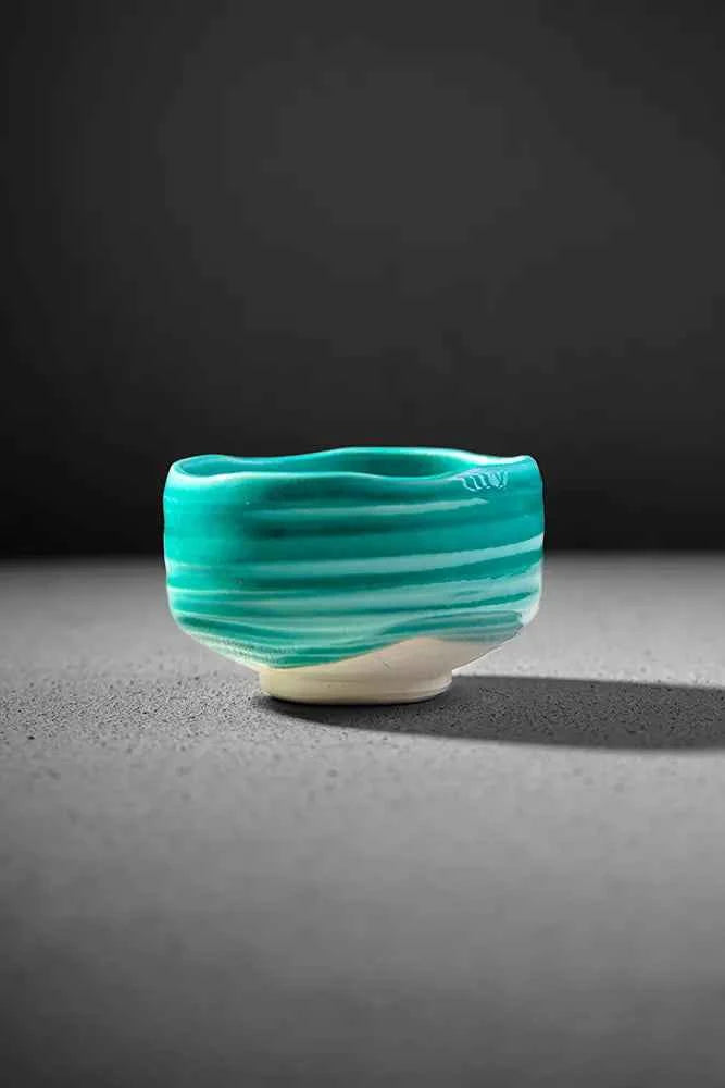 Tsuchi Series Suisei matcha bowl - aqua reflection glaze, handmade in Japan